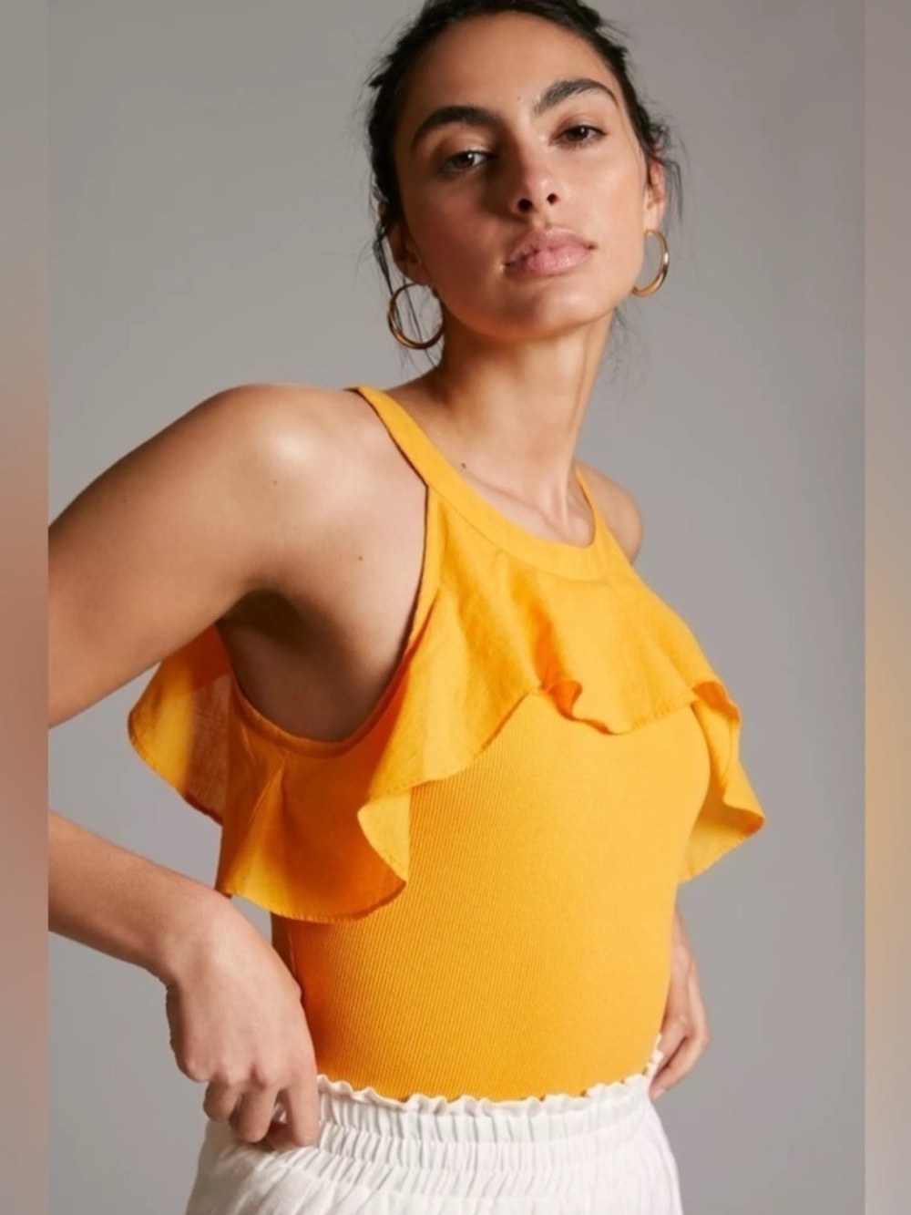 Anthropologie Ruffled Rib Halter Tank in Mango